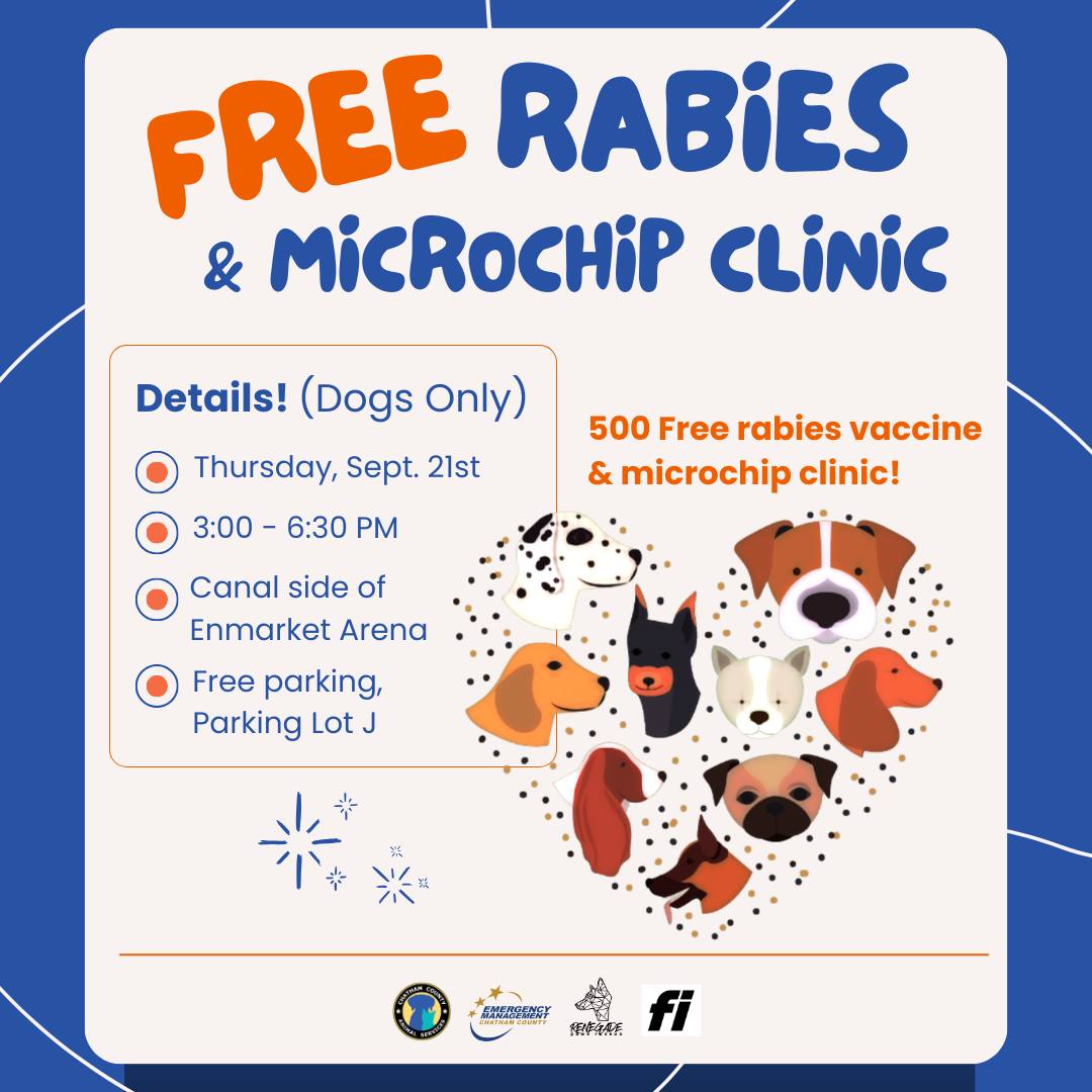 Dogs only rabies and microchip free clinic.  Enmarket Arena, 9/21/23 3 to 6 pm.
