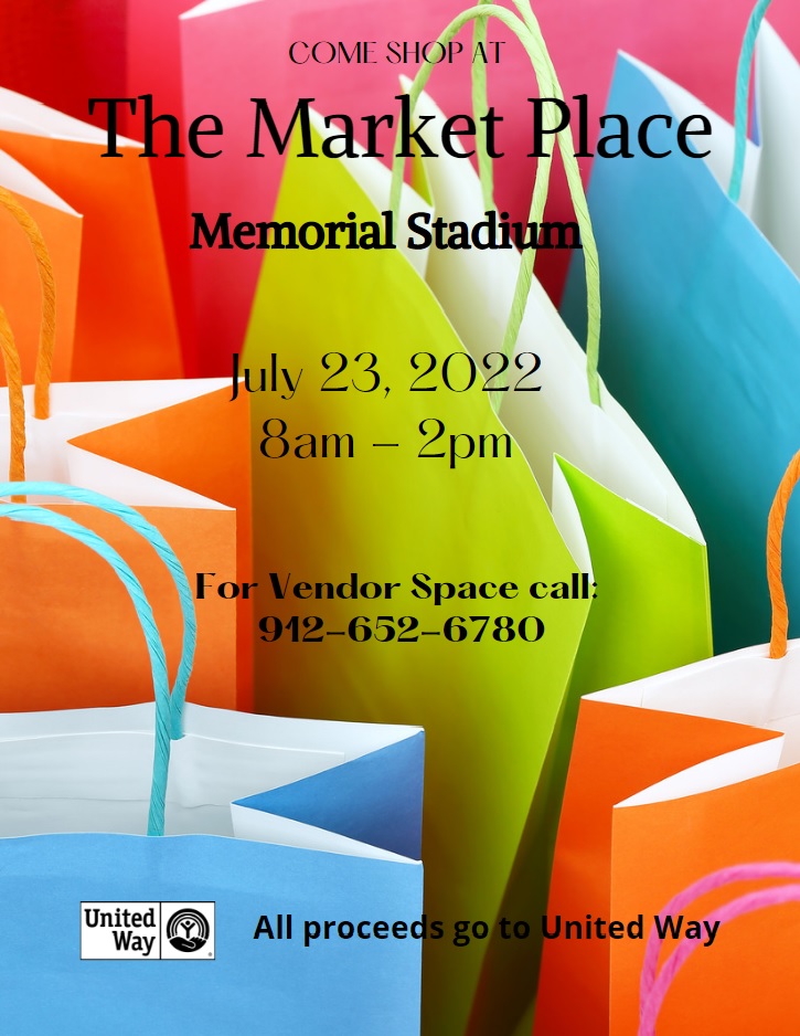 Come shop at The Market Place. Memorial Stadium July 23, 2022, 8 AM – 2 PM. For vendor space call: 9126526780. All proceeds go to United Way