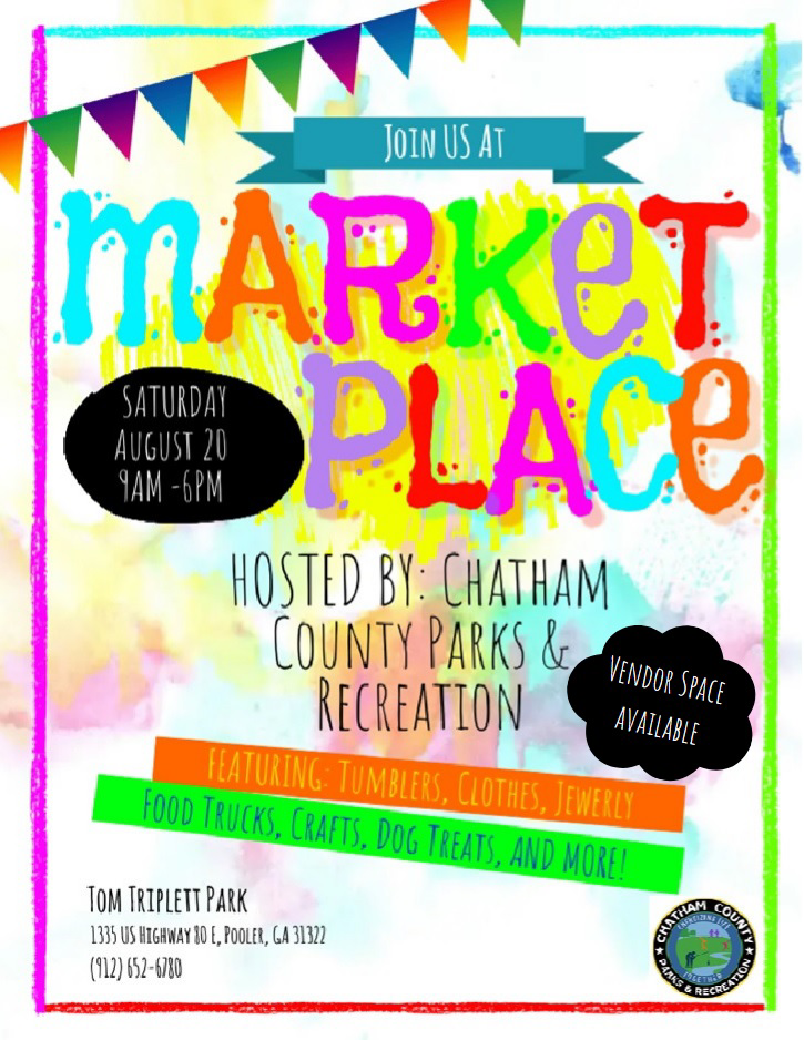 Join us at the Marketplace on August 20, 2022, from 9 AM – 6 PM at Tom Triplett Park. Featuring tumblers, clothers, jewelry, food trucks, crafts, dog treats, and more!  1335 US Highway 80 E, Pooler, GA 31322 Questions? Call 912-652-678